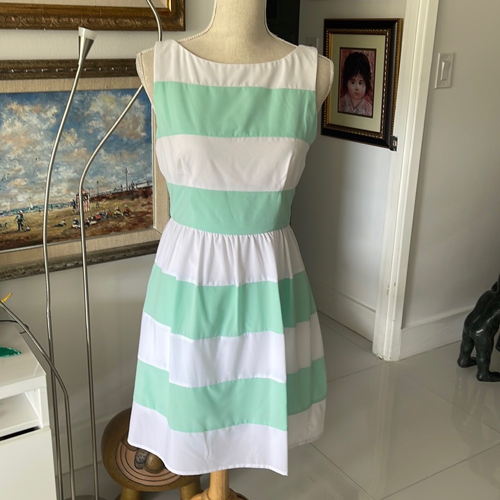 B. Smart Light Green & White Bold Stripes Lined Sleeveless Dress